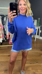 Catch Your Eye Slit-Hem Crew Sweater - Royal Blue-By Together-Anna Kaytes Boutique, Women's Fashion Boutique in Grinnell, Iowa