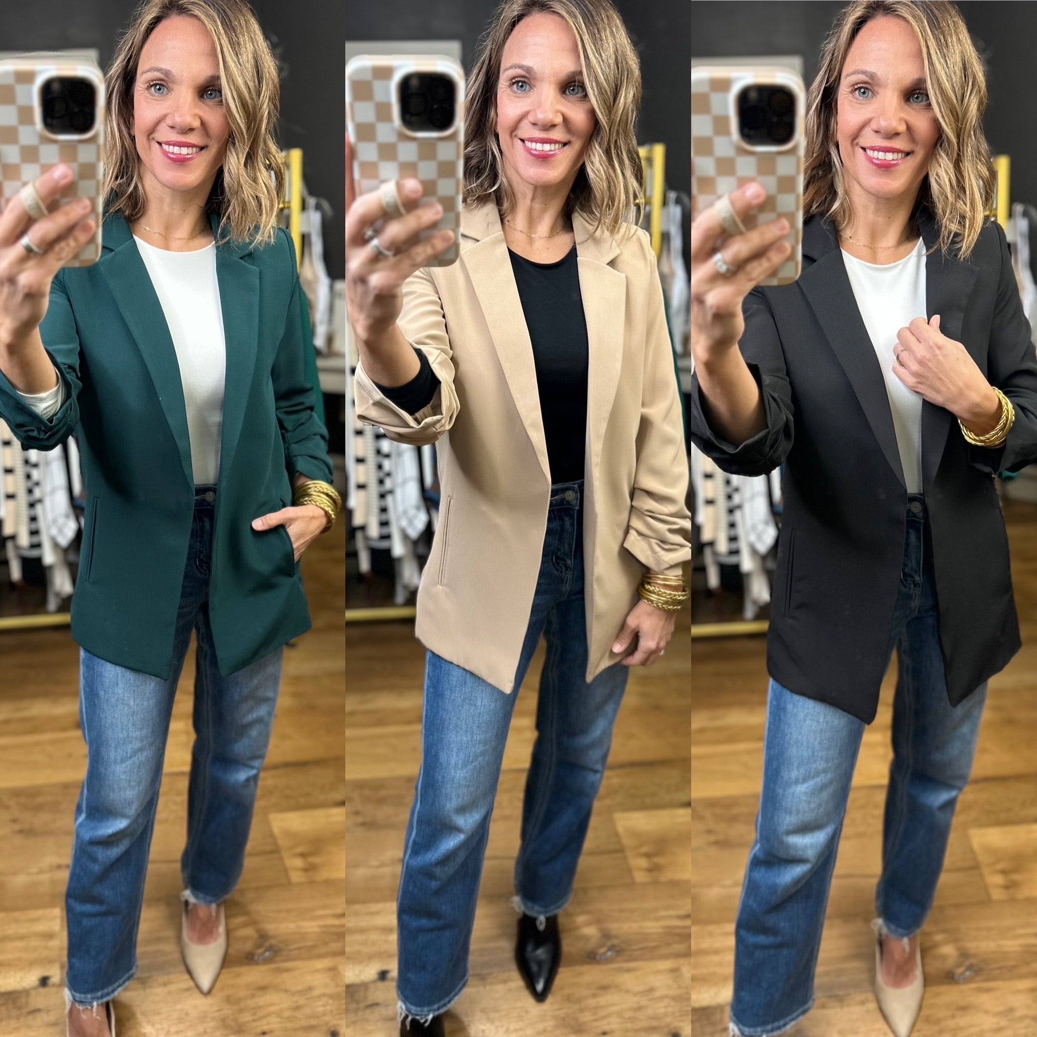 Ready Or Not 3/4 Ruched Sleeve Blazer - Multiple Options-The Workshop-Anna Kaytes Boutique, Women's Fashion Boutique in Grinnell, Iowa