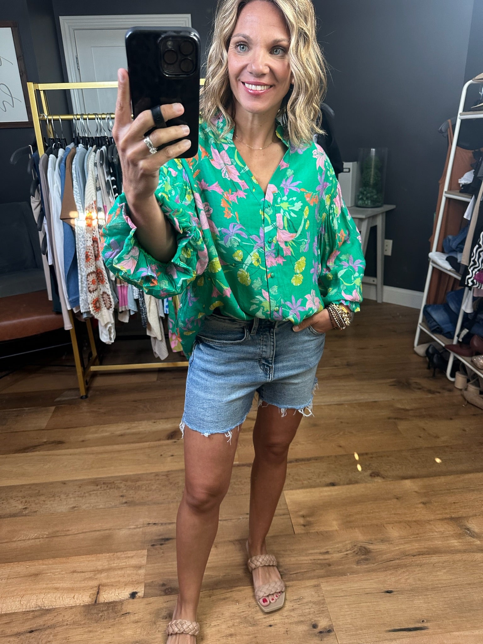 See Things Through Floral Button-Down Top - Green-Short Sleeves-Fate-Anna Kaytes Boutique, Women's Fashion Boutique in Grinnell, Iowa