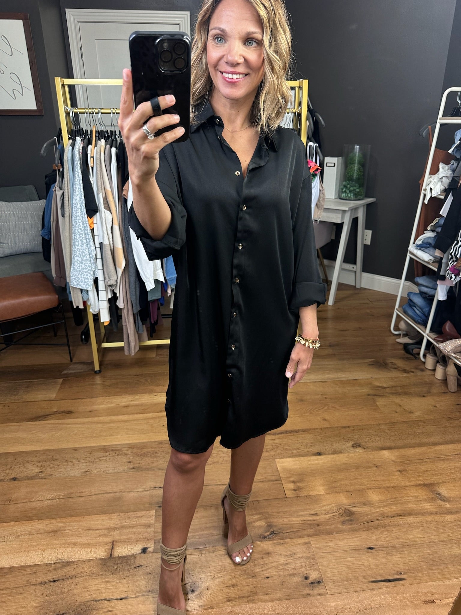 For Myself Button-Down Dress - Black-Dresses-Eesome DK7355-Anna Kaytes Boutique, Women's Fashion Boutique in Grinnell, Iowa