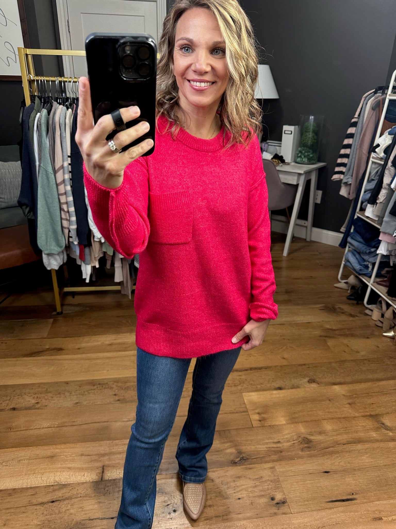 Steady Heart Heathered Pocket Crew Sweater - Multiple Options-Sweaters-Zenana TW-227806-Anna Kaytes Boutique, Women's Fashion Boutique in Grinnell, Iowa