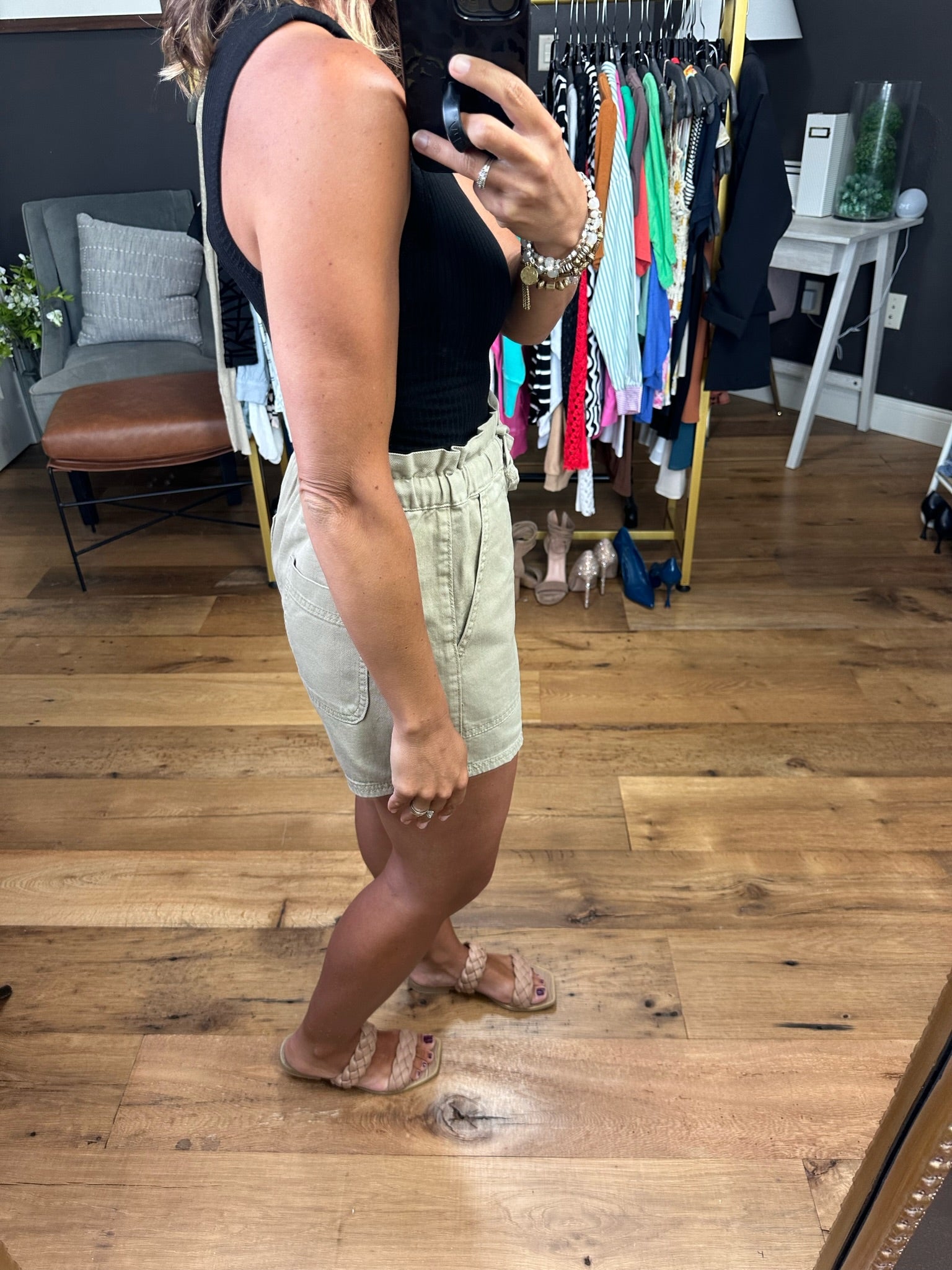 In The Know Paper Bag Short With Drawstring Waist - Olive Khaki-Shorts-Wishist WL20-5300-Anna Kaytes Boutique, Women's Fashion Boutique in Grinnell, Iowa