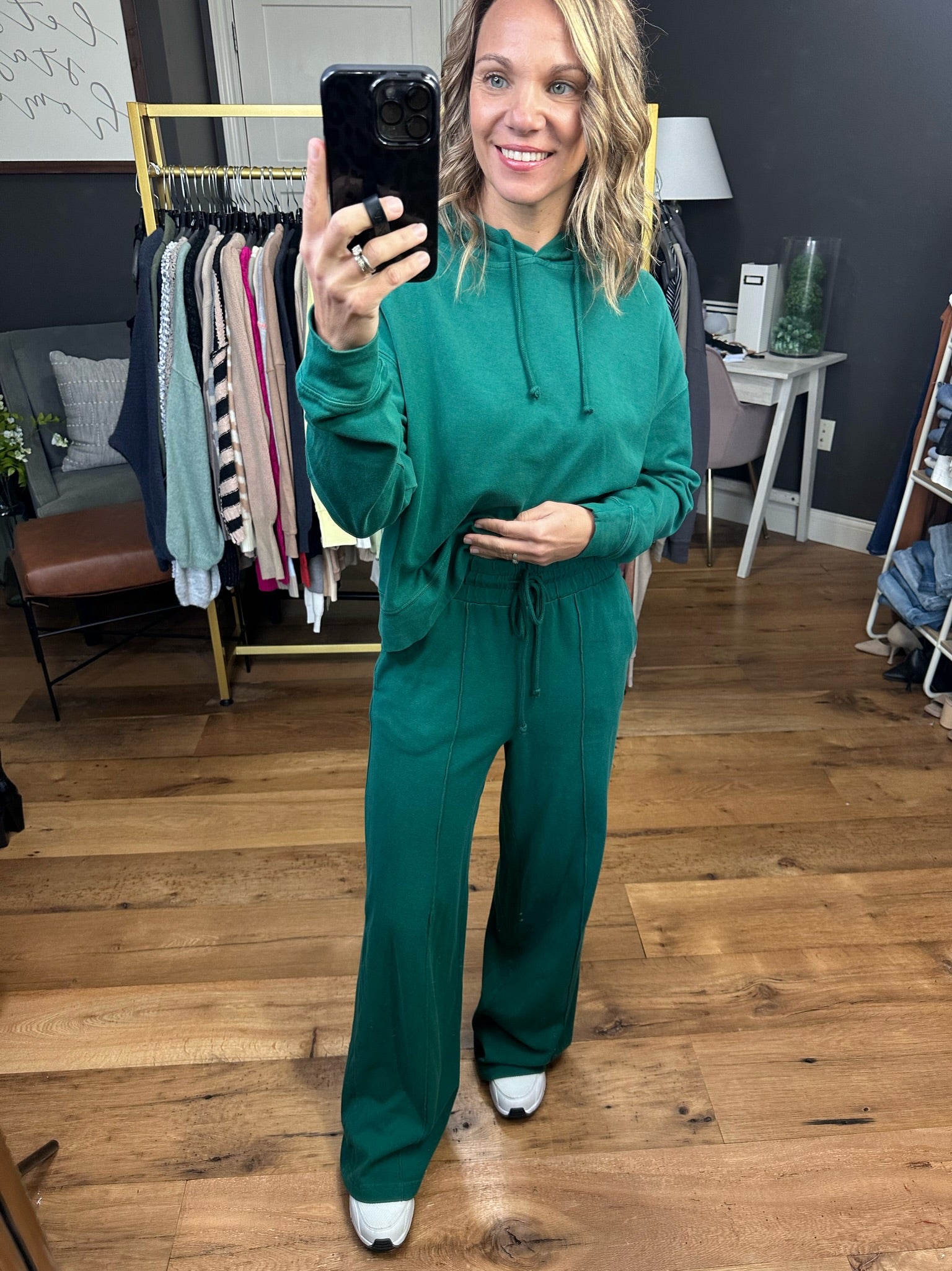 The Gabby Wide Leg + Hoodie Set - Pine Green-Two Piece Set-Double zero dz23e999 dz23g455-Anna Kaytes Boutique, Women's Fashion Boutique in Grinnell, Iowa