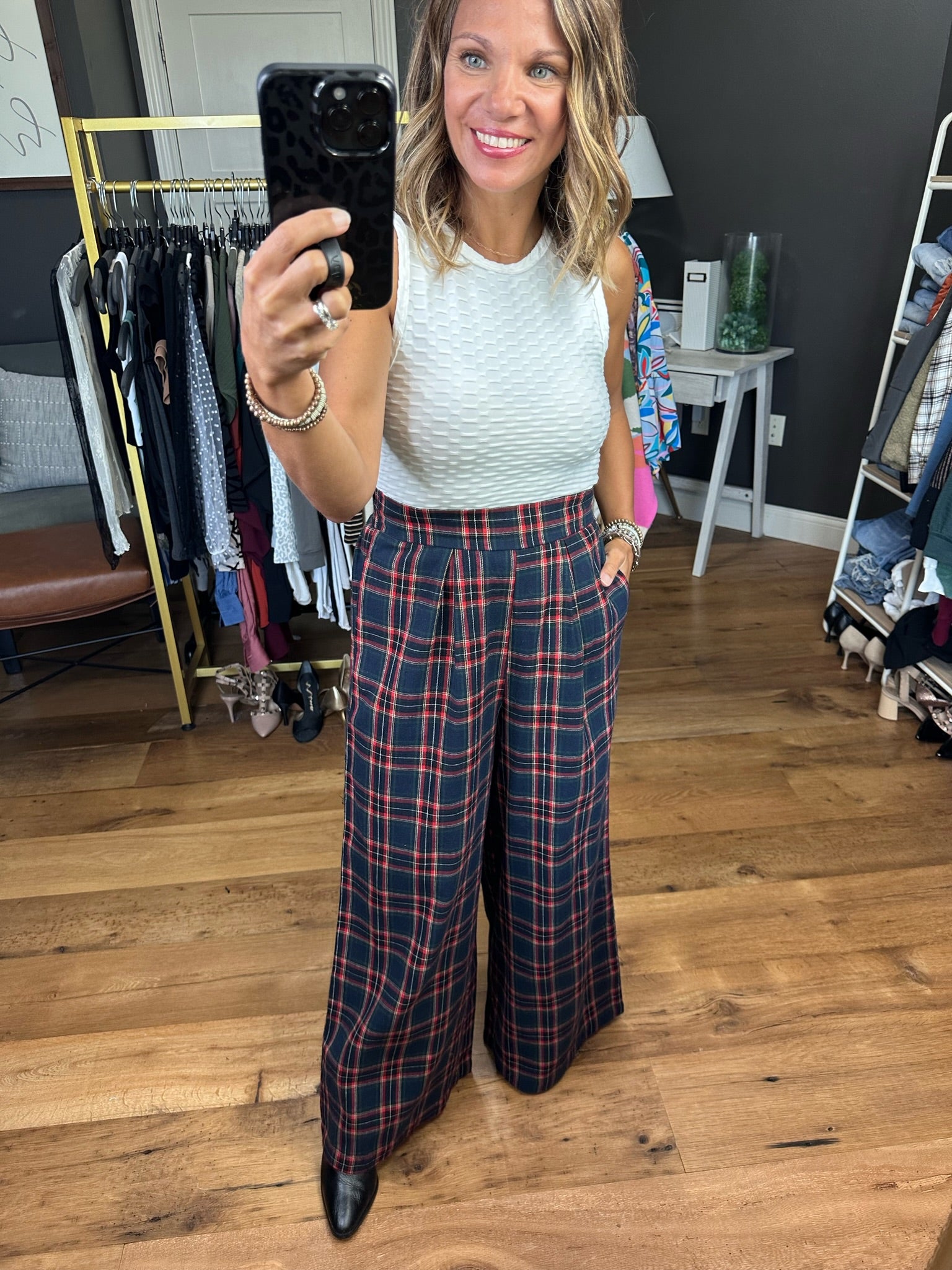 Go With The Flow Plaid Wide-Leg Pant - Navy-Pants-Jodifl H10227-Anna Kaytes Boutique, Women's Fashion Boutique in Grinnell, Iowa