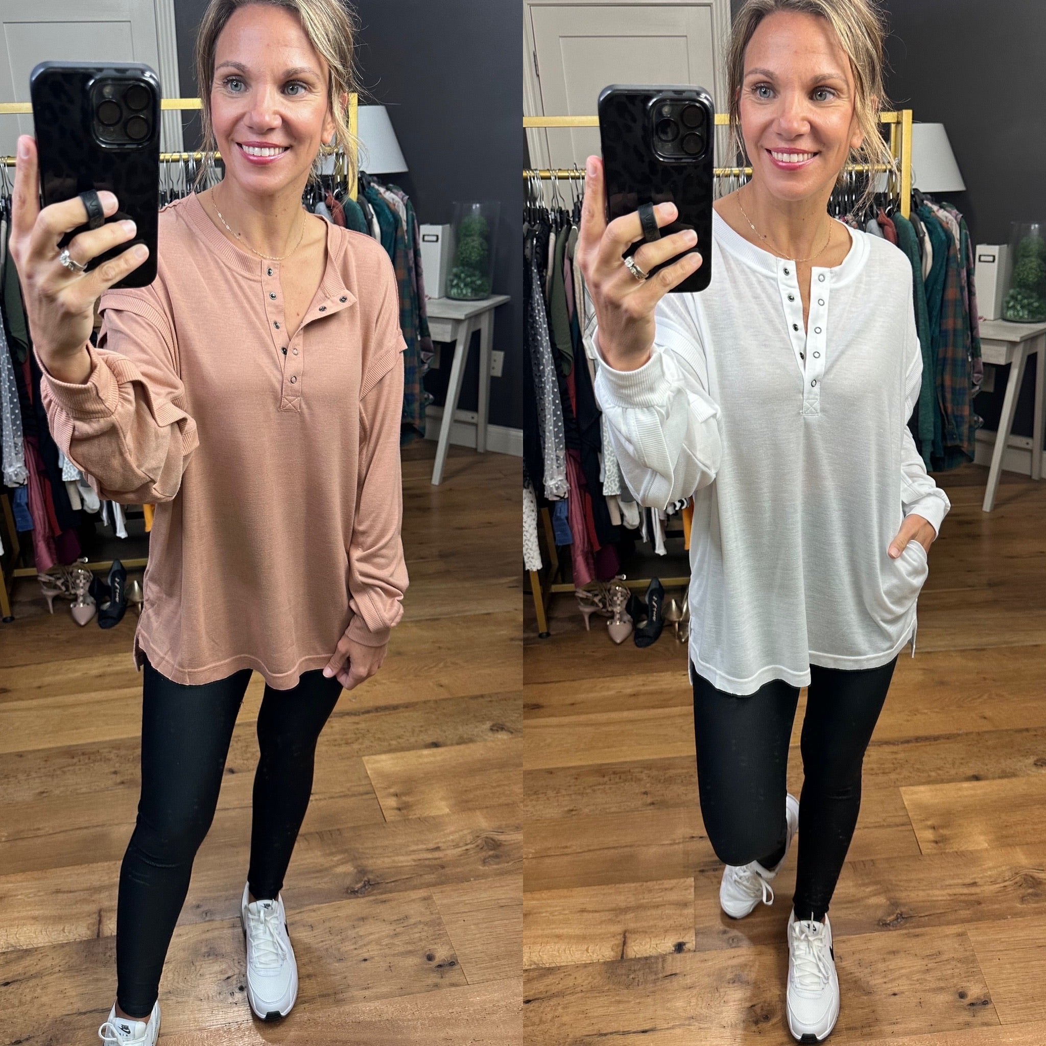 Details Matter Henley Long Sleeve With Pleated Detail Sleeve - Multiple Options-Long Sleeves-Wishlist wl22-7319-Anna Kaytes Boutique, Women's Fashion Boutique in Grinnell, Iowa