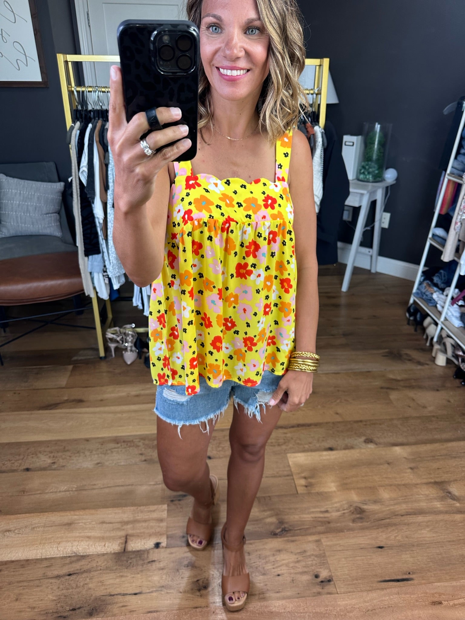 Couldn't Be Happier Floral Flowy Top With Scallop Detail - Yellow-Sleeveless-Andree By Unit Emily Wonder T11665-Anna Kaytes Boutique, Women's Fashion Boutique in Grinnell, Iowa