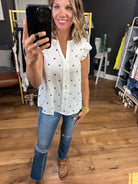 Right Space Dotted Top With Flutter Detail - Multiple Options-Short Sleeves-Blu Pepper TB8189B-Anna Kaytes Boutique, Women's Fashion Boutique in Grinnell, Iowa