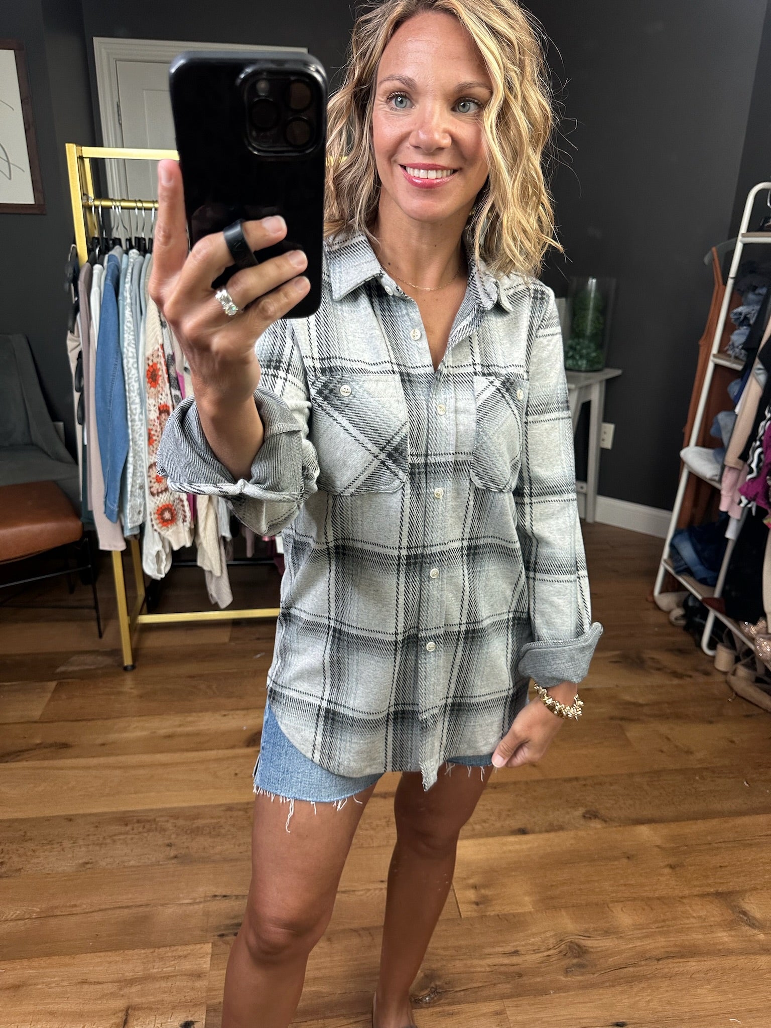 Never A Risk Button-Down Plaid Top - Black/Grey-Long Sleeves-Thread & Supply T1085PVXTS-Anna Kaytes Boutique, Women's Fashion Boutique in Grinnell, Iowa