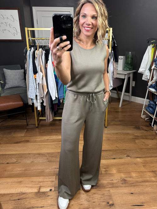 Someday I Will Tie Waist Jumpsuit - Olive-Jumpsuits-Anna Kaytes Boutique-Anna Kaytes Boutique, Women's Fashion Boutique in Grinnell, Iowa