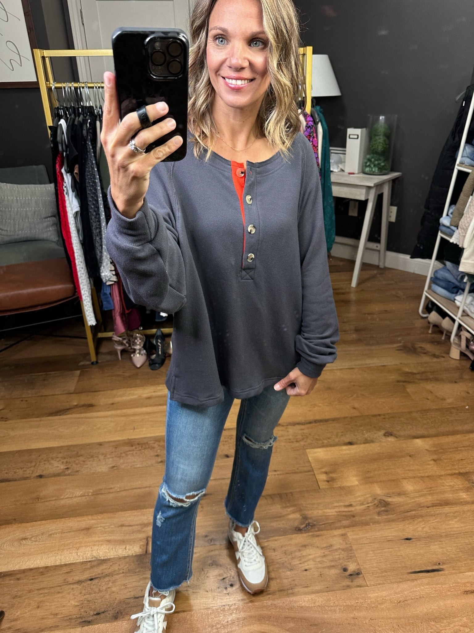 Take It From Me Henley Sweatshirt - Dusk Orange-Sweaters-Bucketlist T2037-Anna Kaytes Boutique, Women's Fashion Boutique in Grinnell, Iowa