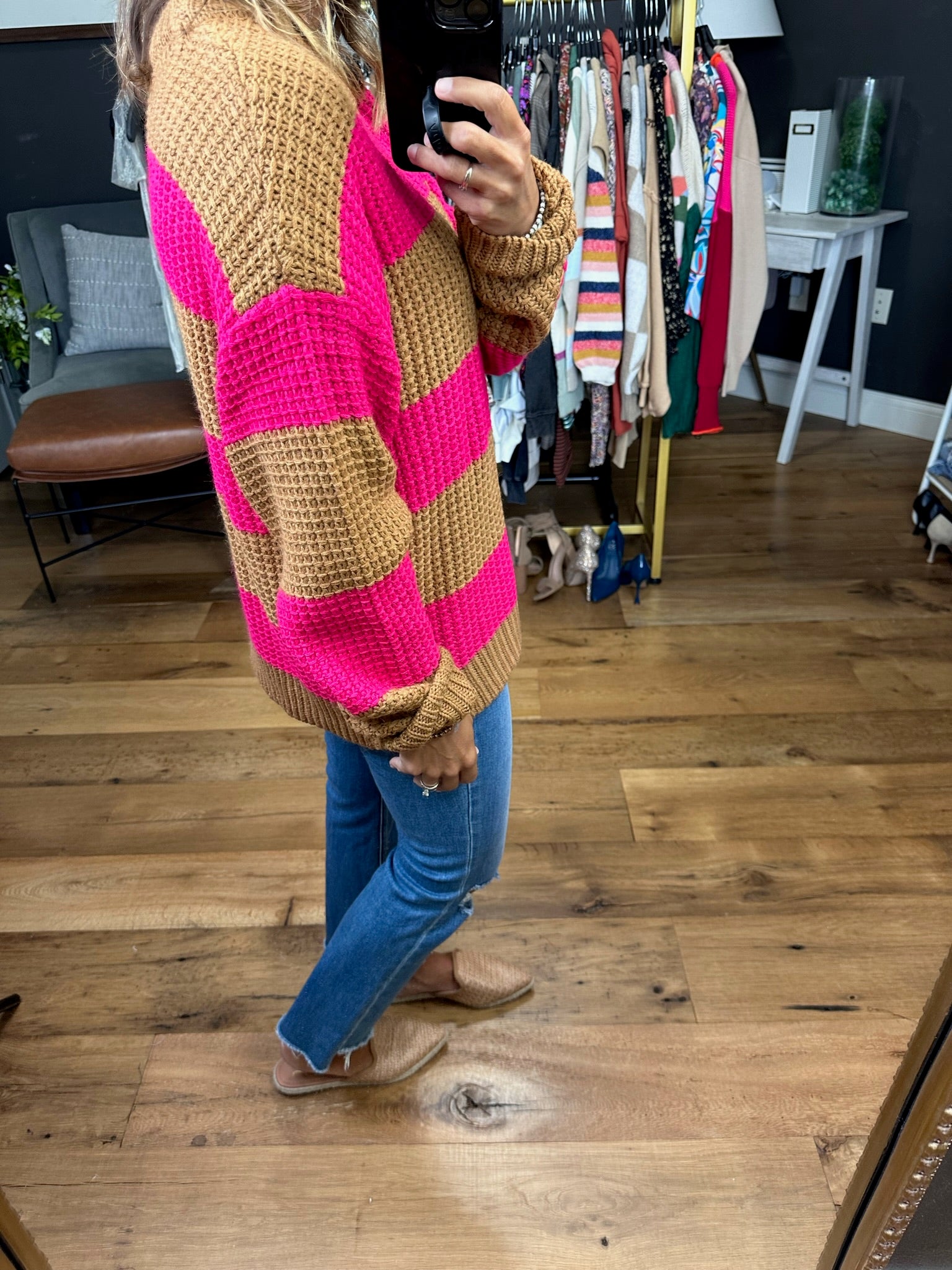 Put Into Words Knit Striped Crew Sweater - Camel/Fuchsia
