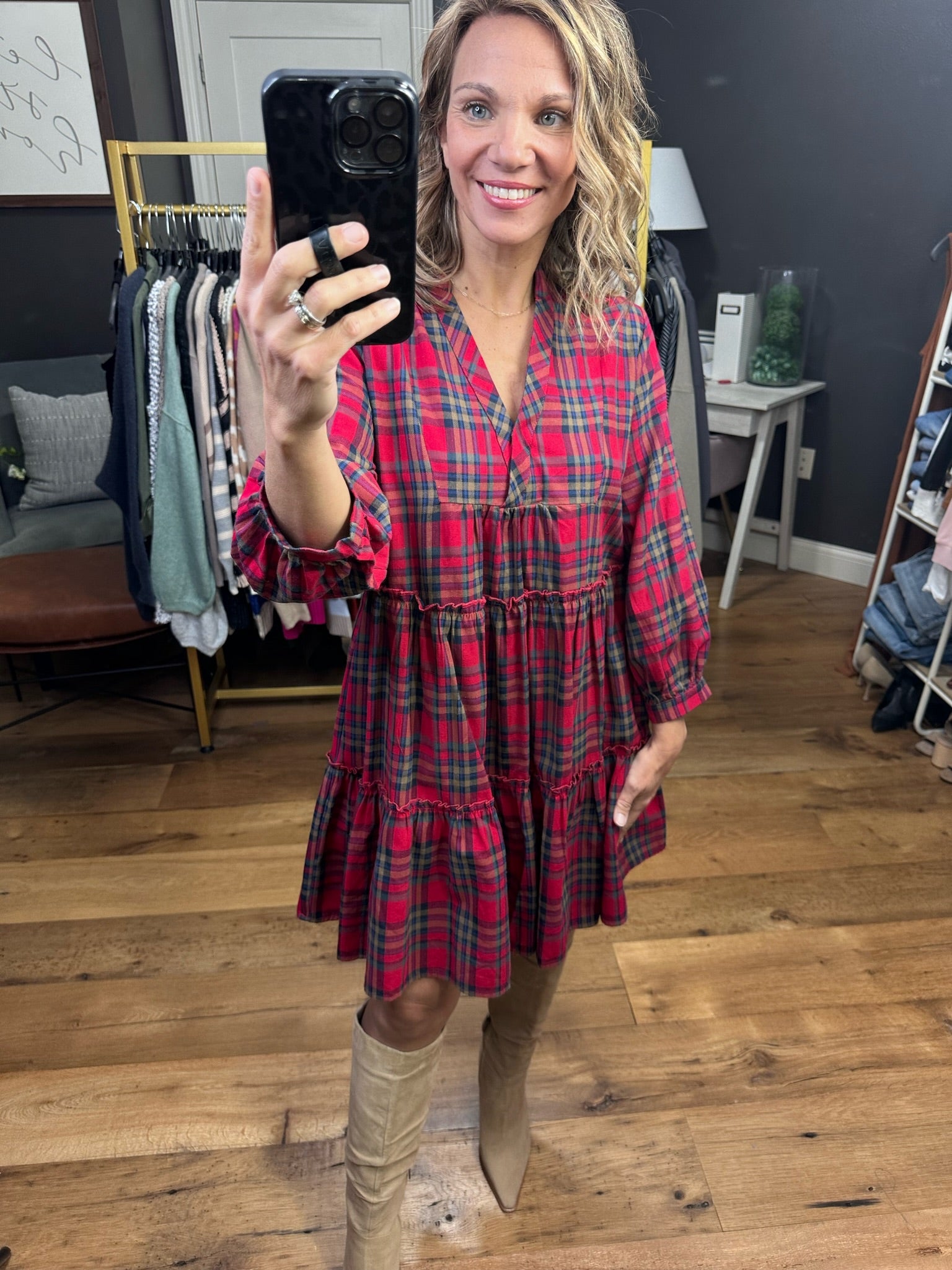 In The Present Plaid Tiered Dress - Red