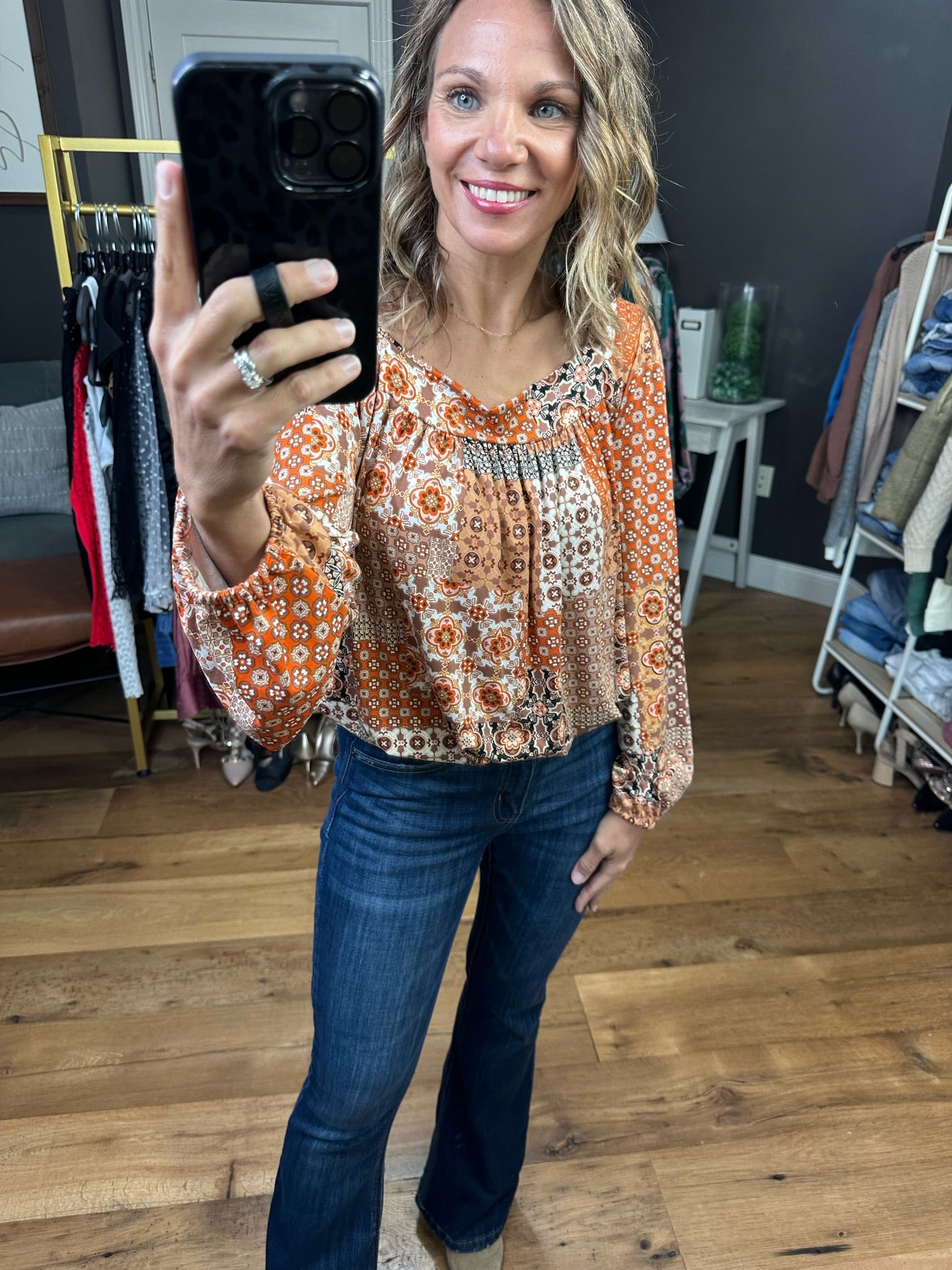 Just The Thing Boat Neck Patchwork Longsleeve Top - Mocha/Taupe/Rust-Long Sleeves-Haptics HT3740A-Anna Kaytes Boutique, Women's Fashion Boutique in Grinnell, Iowa