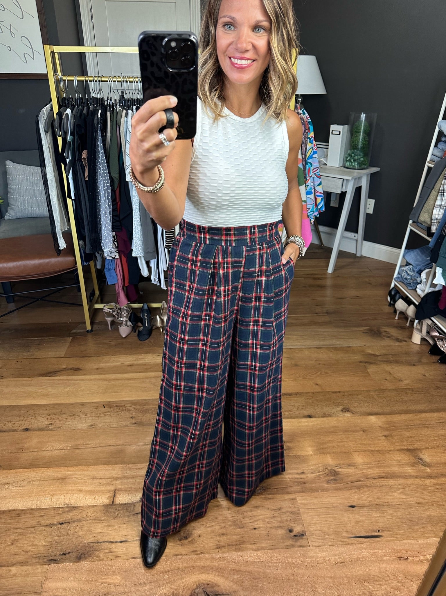 Go With The Flow Plaid Wide-Leg Pant - Navy-Pants-Jodifl H10227-Anna Kaytes Boutique, Women's Fashion Boutique in Grinnell, Iowa