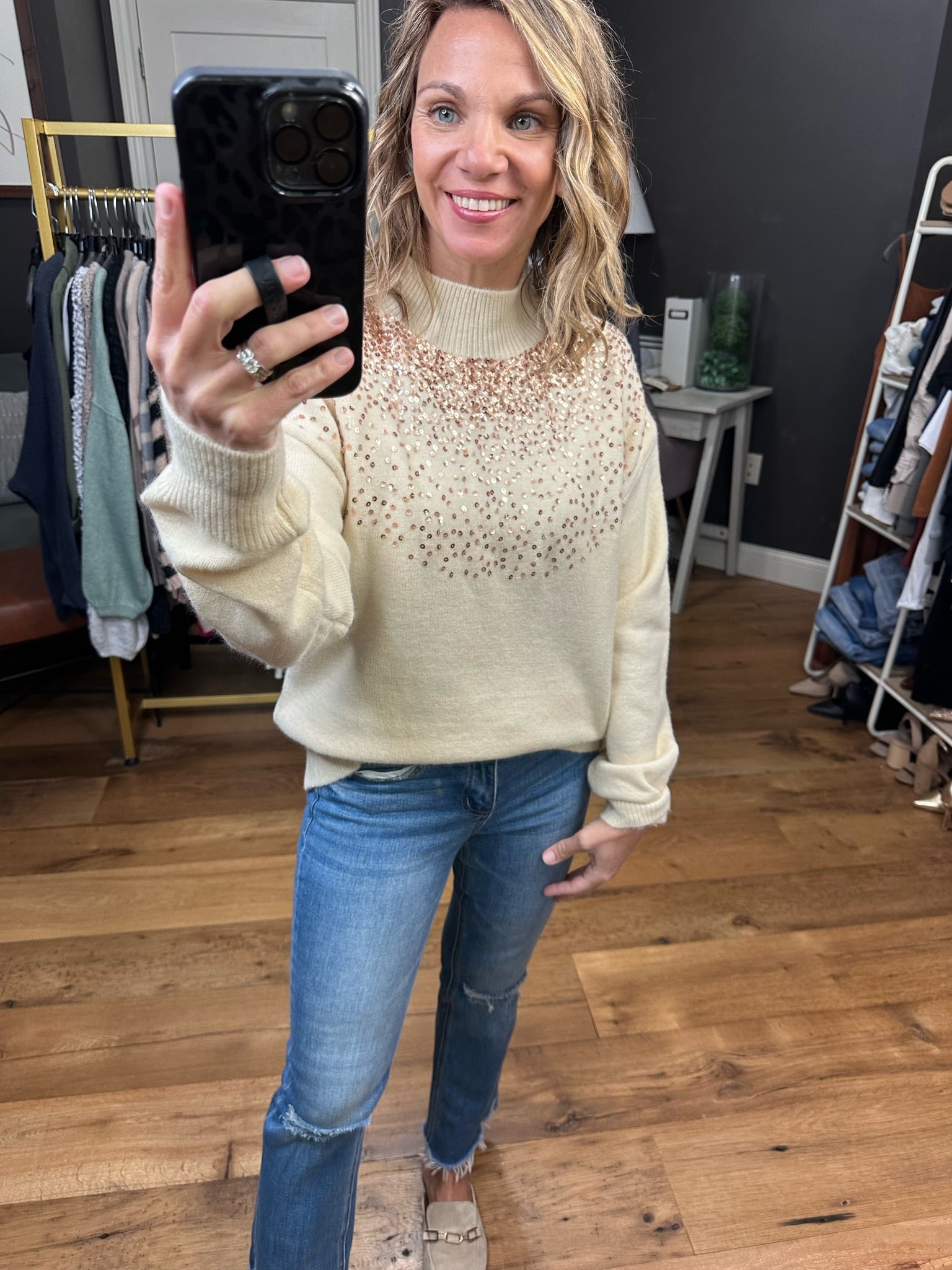 Glitz & Glam Sequin Detail Mock-Neck Sweater - Cream-Sweaters-Lavender J T21021-Anna Kaytes Boutique, Women's Fashion Boutique in Grinnell, Iowa