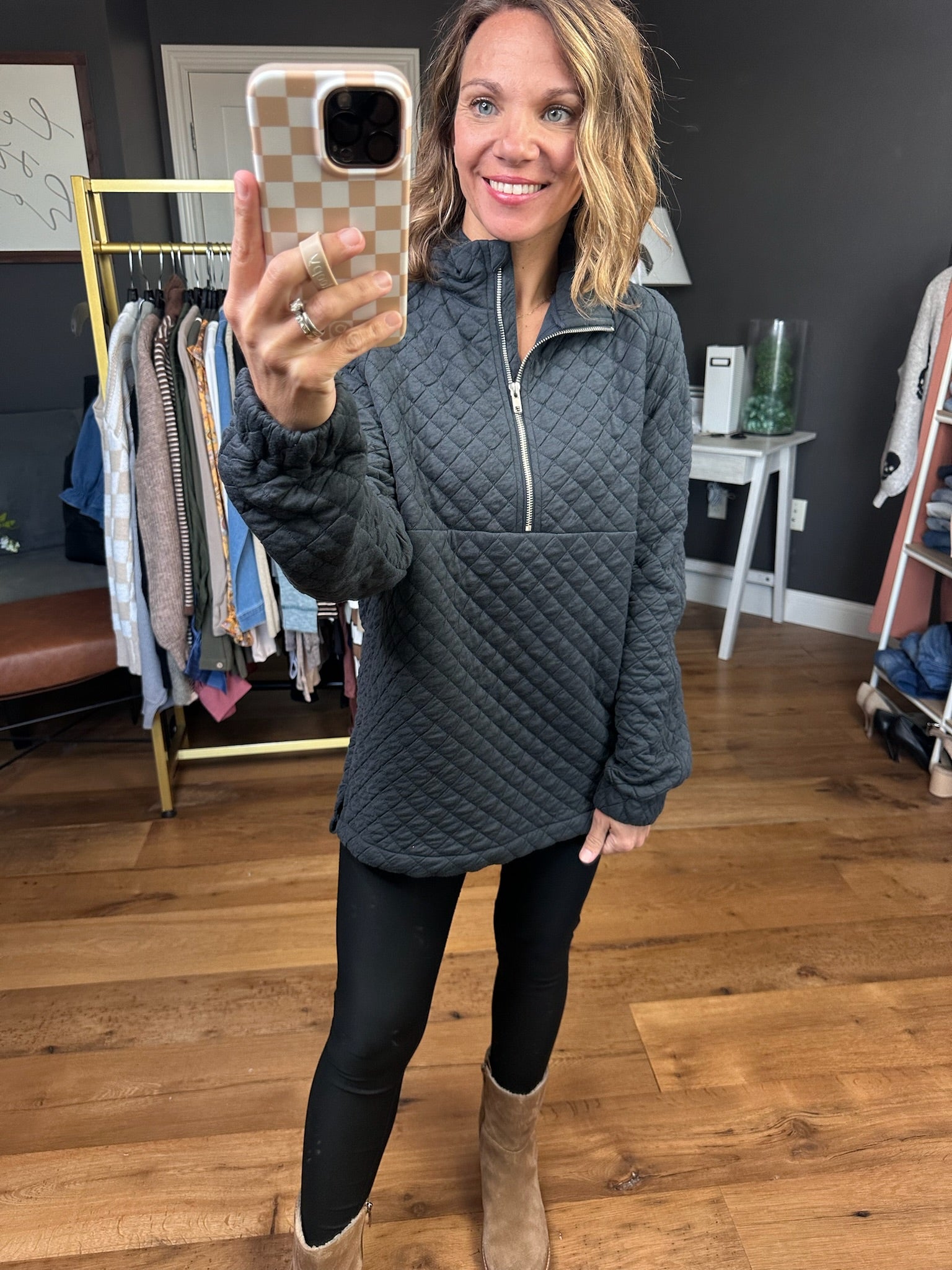 Check Point 1/2 Zip Quilted Pullover - Charcoal-Staccato-Anna Kaytes Boutique, Women's Fashion Boutique in Grinnell, Iowa