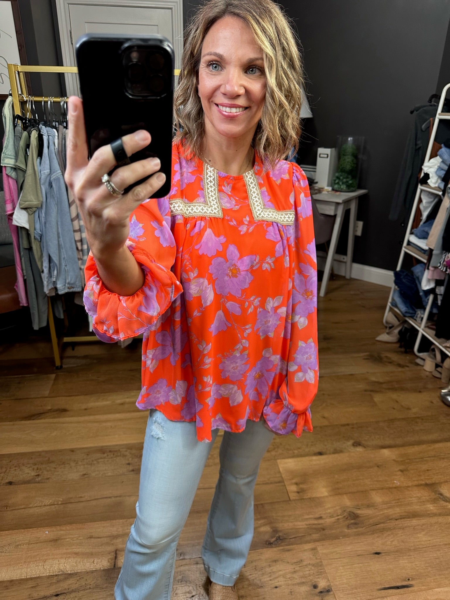 Spring Air Floral Crochet Top - Coral-Long Sleeves-Jodifl 21471-1-Anna Kaytes Boutique, Women's Fashion Boutique in Grinnell, Iowa