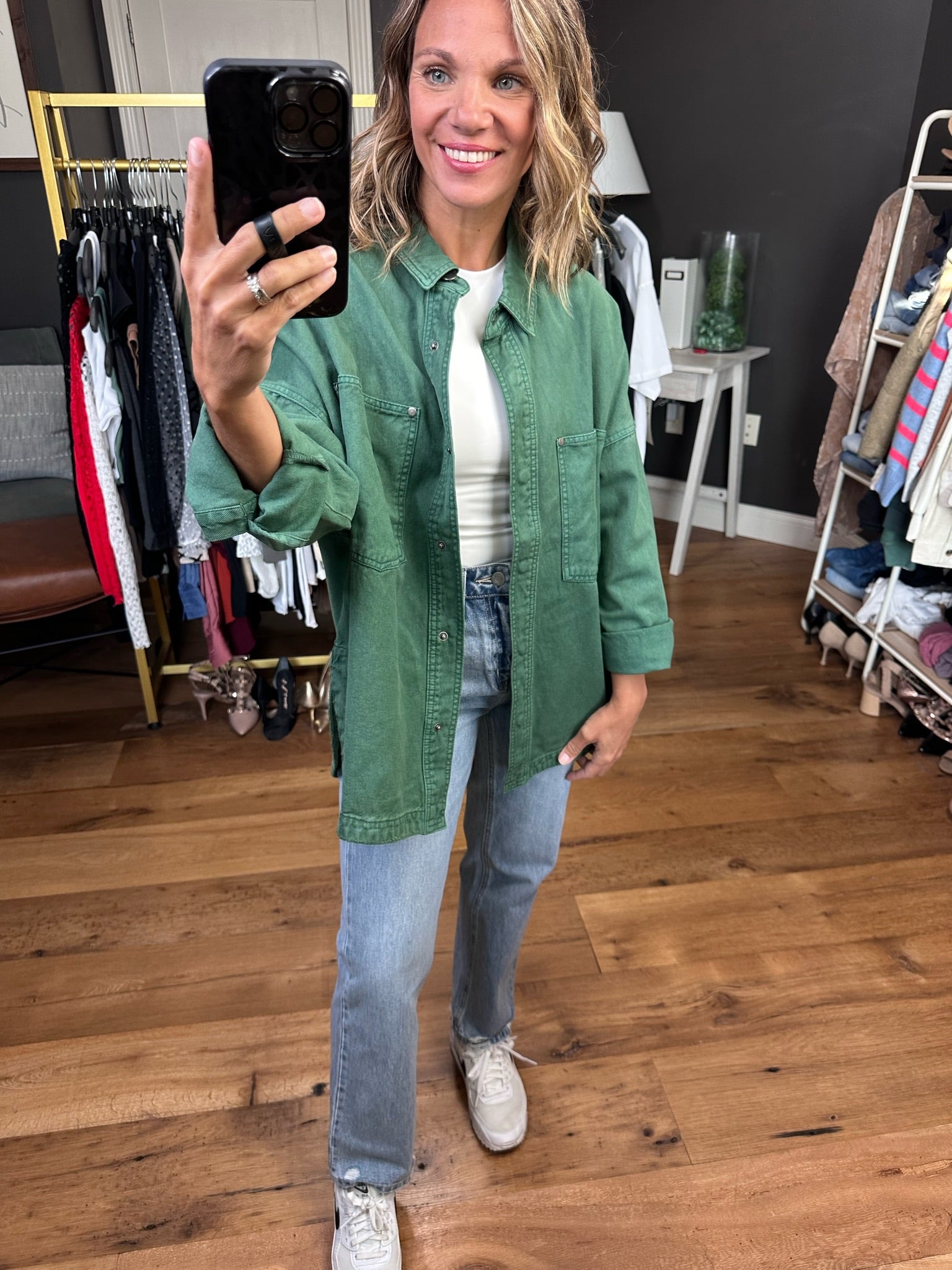 Need A Break Oversized Denim Shacket - Green-Jackets-Bucketlist IJ3010-Anna Kaytes Boutique, Women's Fashion Boutique in Grinnell, Iowa