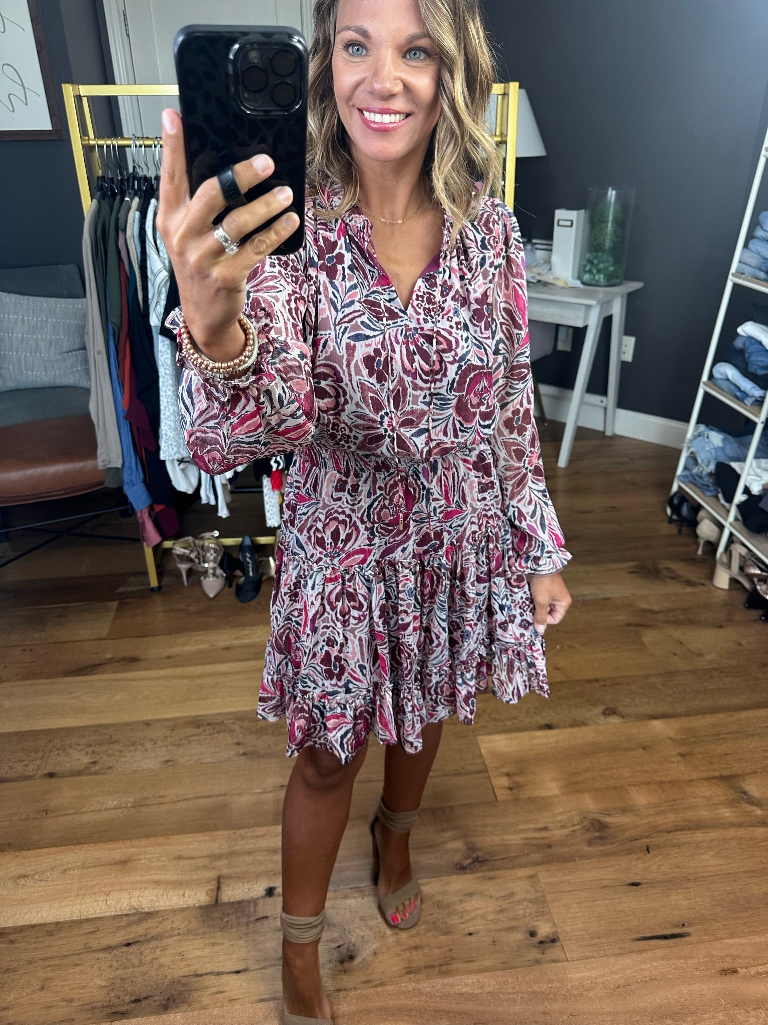Given The Opportunity Smock Waist Floral Dress - Wine Combo