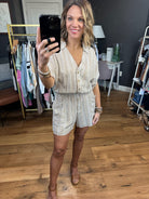 Certain Moment In Time Striped Button-Detail Romper - Taupe-Rompers-Wishlist-Anna Kaytes Boutique, Women's Fashion Boutique in Grinnell, Iowa