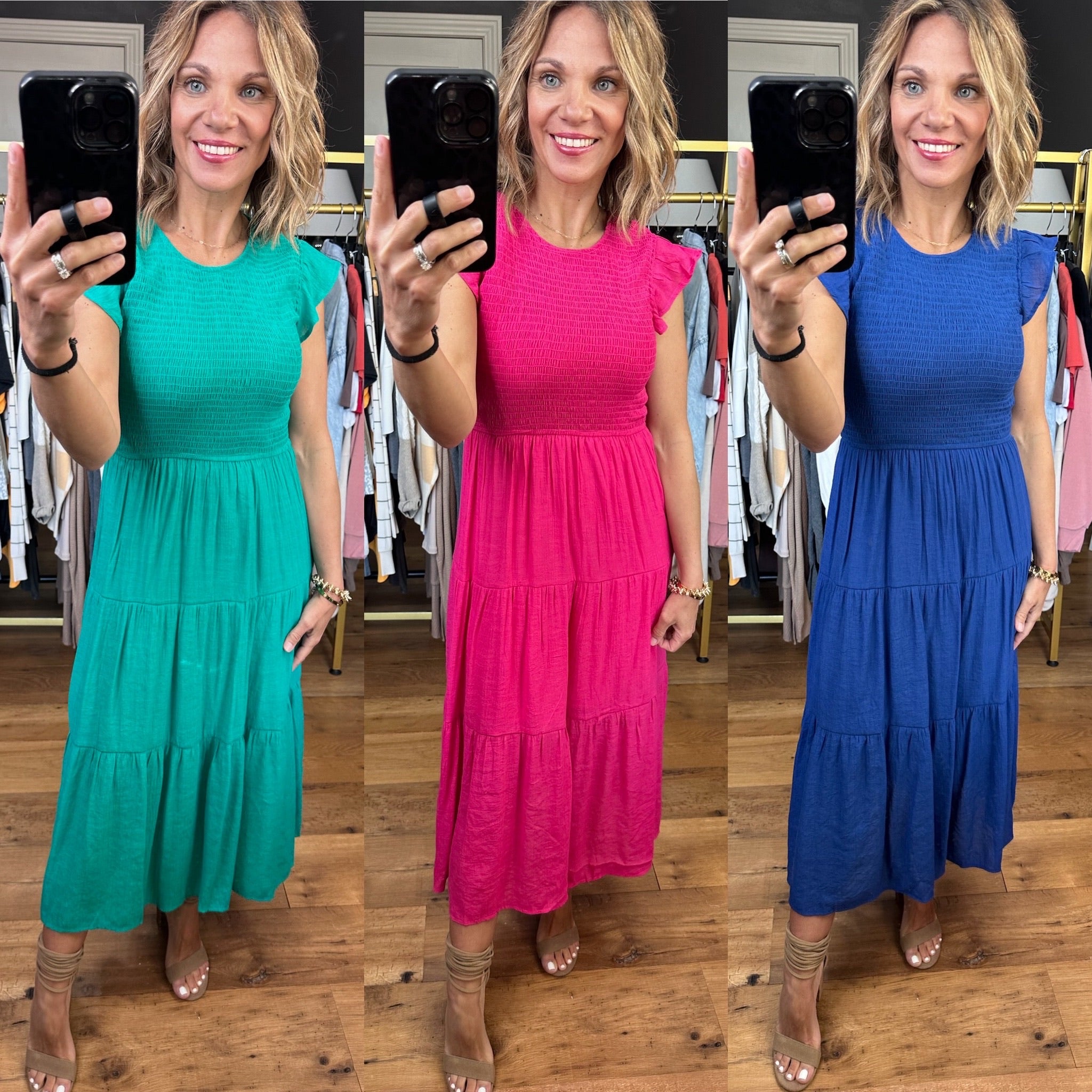 Spin Around Tiered Midi Dress With Smocked Detail - Multiple Options-Dresses-Blu Pepper CR2029-Anna Kaytes Boutique, Women's Fashion Boutique in Grinnell, Iowa