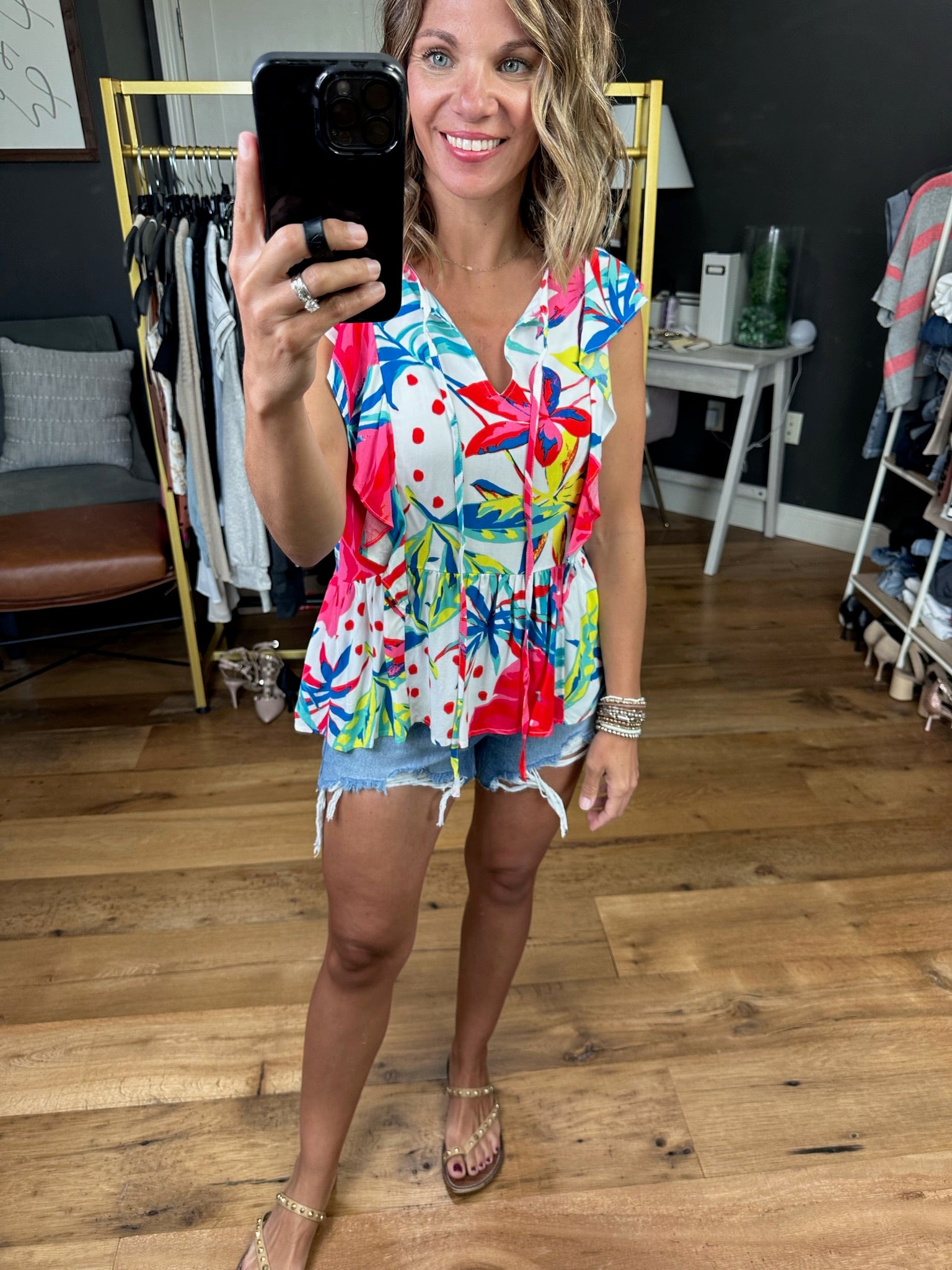 Perfect Weather Floral Top With Flutter Sleeve Detail - Ivory Multi-Short Sleeves-Andree By Unit Emily Wonder T10455-12-Anna Kaytes Boutique, Women's Fashion Boutique in Grinnell, Iowa