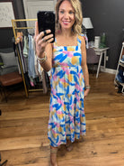 Free Feeling Patterned Watercolor Dress - Blue Multi-Dresses-Blu Pepper CR1953F-Anna Kaytes Boutique, Women's Fashion Boutique in Grinnell, Iowa