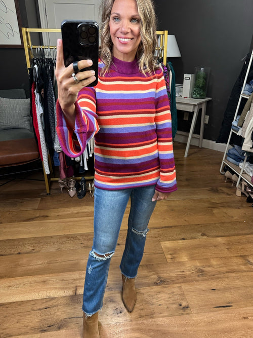 From Far Away Striped Wide-Sleeve Sweater - Magenta