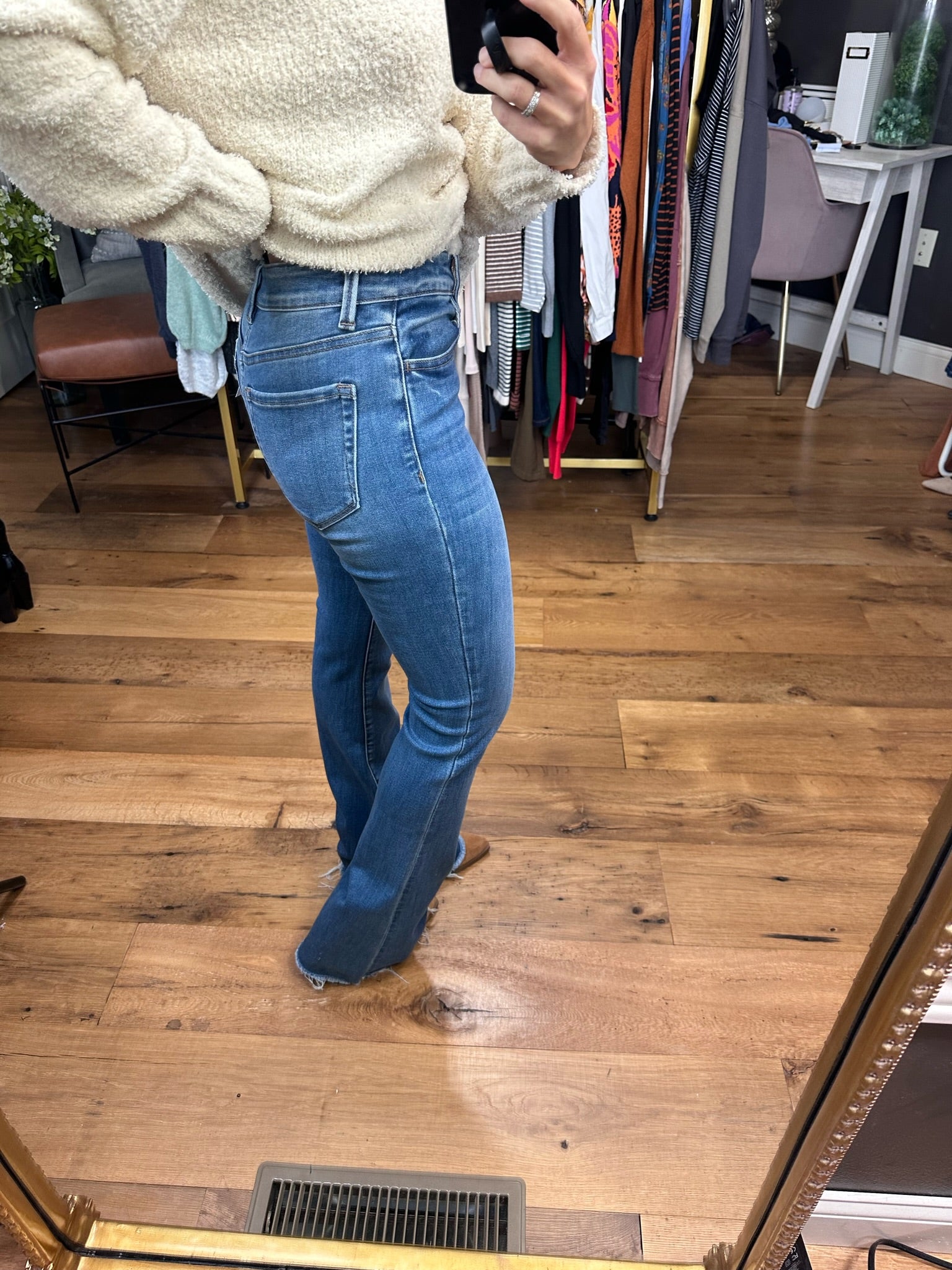 The Landyn Mid-Rise Mini Flare Denim With Raw Hem-Jeans-Vervet-Anna Kaytes Boutique, Women's Fashion Boutique in Grinnell, Iowa