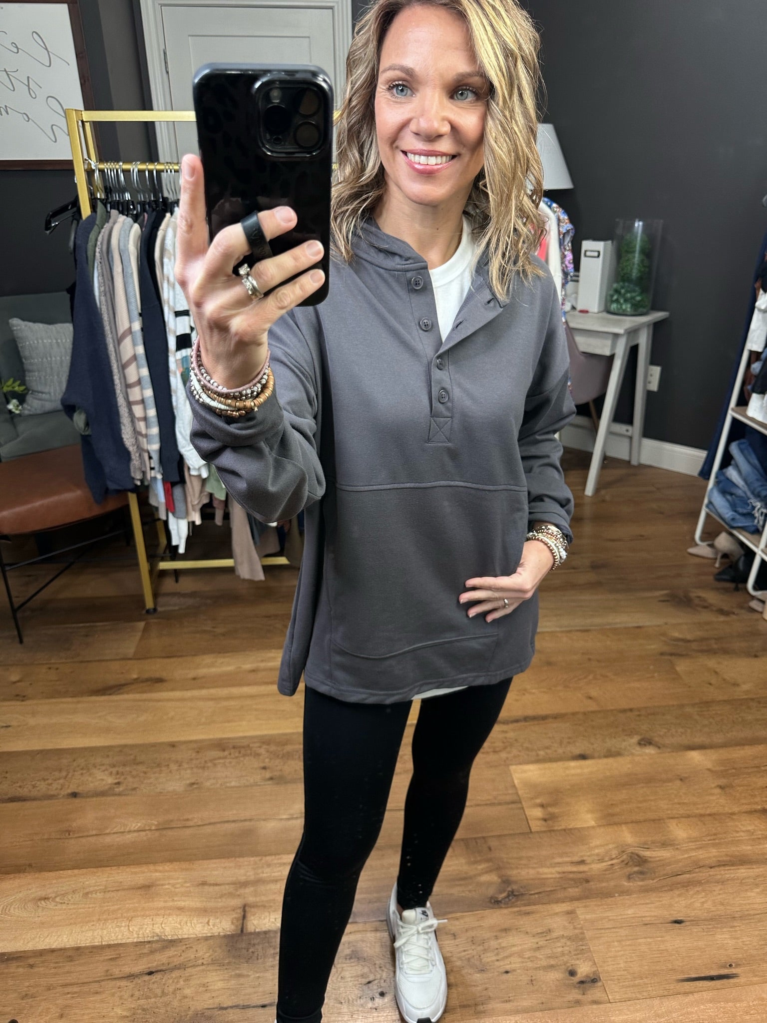 Hold Me Closer Henley Pocket Hoodie - Charcoal-Hoodies-Cotton Bleu 64605-Anna Kaytes Boutique, Women's Fashion Boutique in Grinnell, Iowa