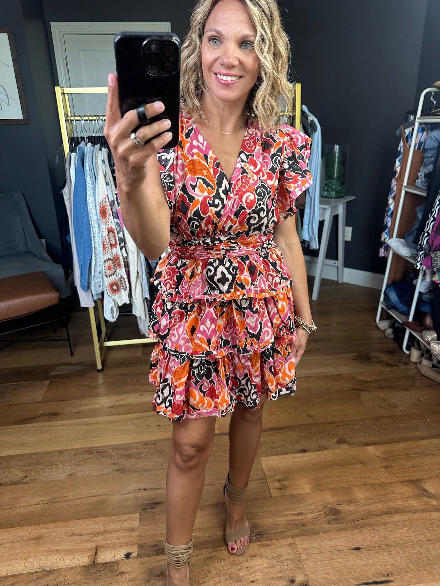 Living Out Loud Patterned Tiered Dress - Rust/Pink/Black-Dresses-Olivaceous-Anna Kaytes Boutique, Women's Fashion Boutique in Grinnell, Iowa