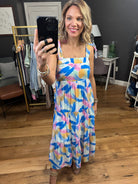 Free Feeling Patterned Watercolor Dress - Blue Multi-Dresses-Blu Pepper CR1953F-Anna Kaytes Boutique, Women's Fashion Boutique in Grinnell, Iowa