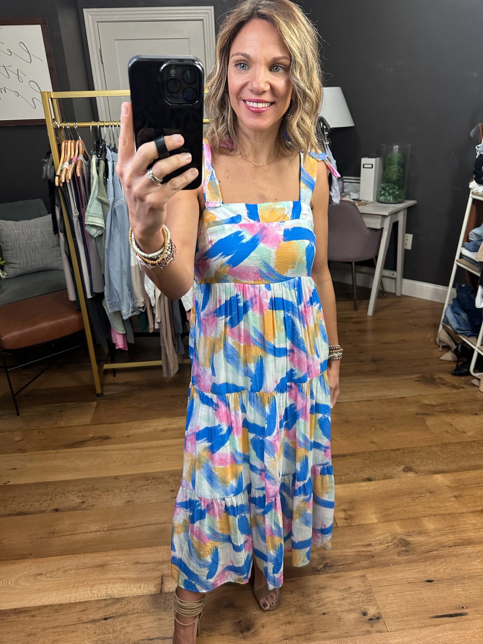 Free Feeling Patterned Watercolor Dress - Blue Multi-Dresses-Blu Pepper CR1953F-Anna Kaytes Boutique, Women's Fashion Boutique in Grinnell, Iowa