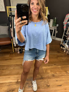 Blue Skies Washed Cropped Top With Raw Hem Detail with Tulip Back - Periwinkle-Short Sleeves-Peach Love KT51321-01-Anna Kaytes Boutique, Women's Fashion Boutique in Grinnell, Iowa