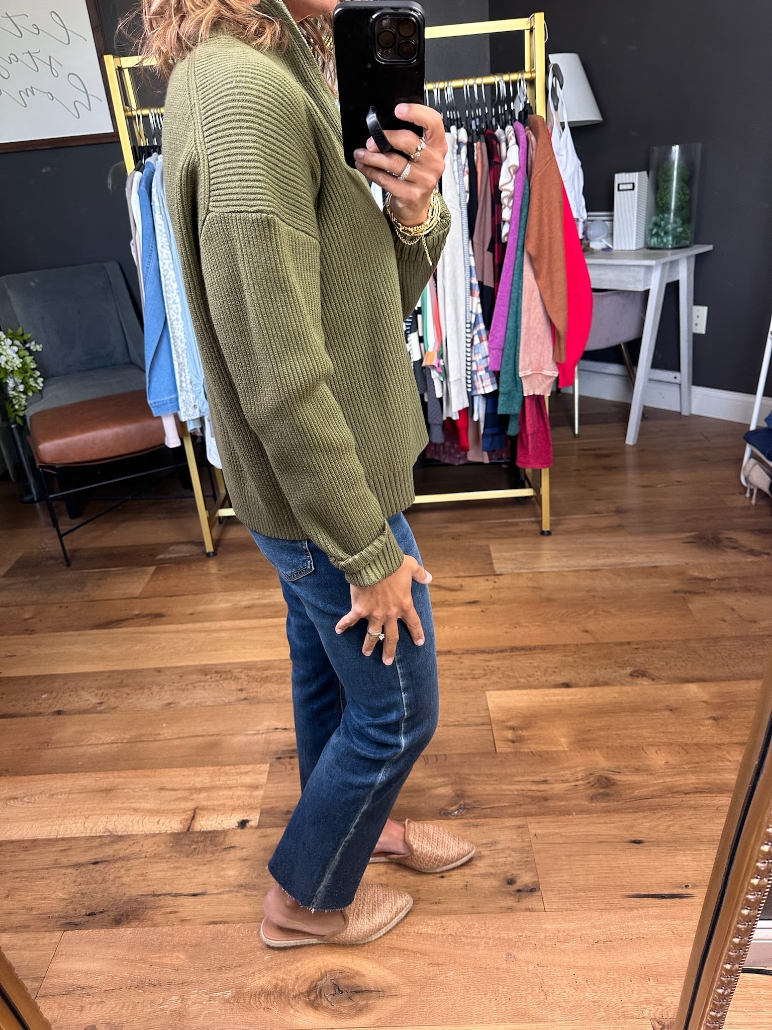 Hanging Onto Fall Textured Quarter-Zip - Olive-Be Cool-Anna Kaytes Boutique, Women's Fashion Boutique in Grinnell, Iowa