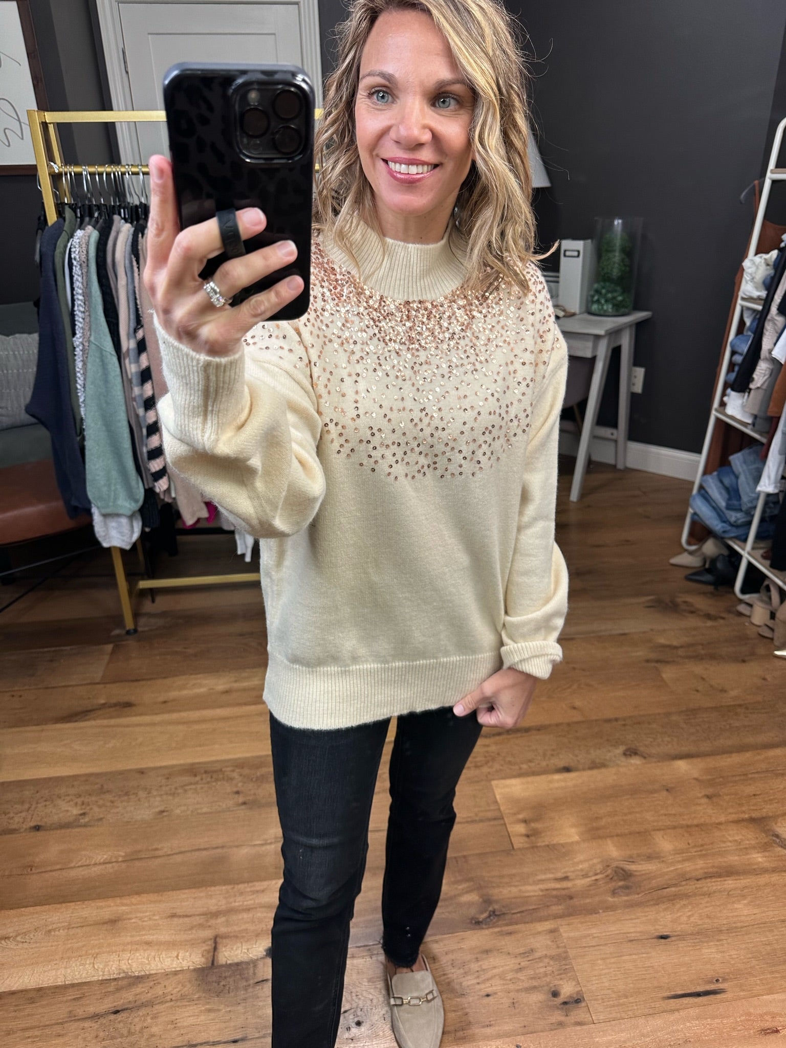 Glitz & Glam Sequin Detail Mock-Neck Sweater - Cream-Sweaters-Lavender J T21021-Anna Kaytes Boutique, Women's Fashion Boutique in Grinnell, Iowa