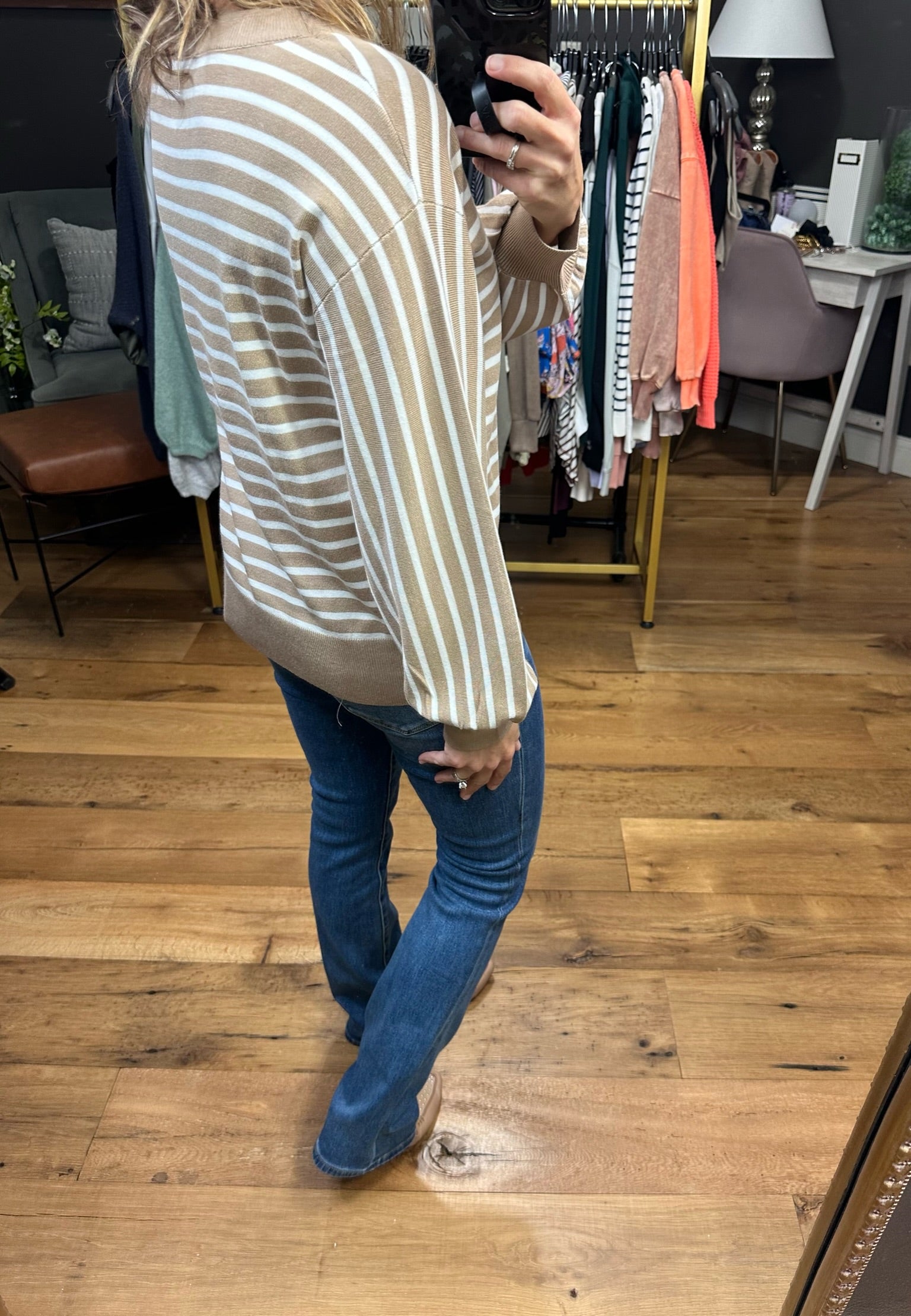 On The Dot Striped Sweater With Balloon Sleeve Detail - Taupe-Sweaters-Be cool 64068-Anna Kaytes Boutique, Women's Fashion Boutique in Grinnell, Iowa