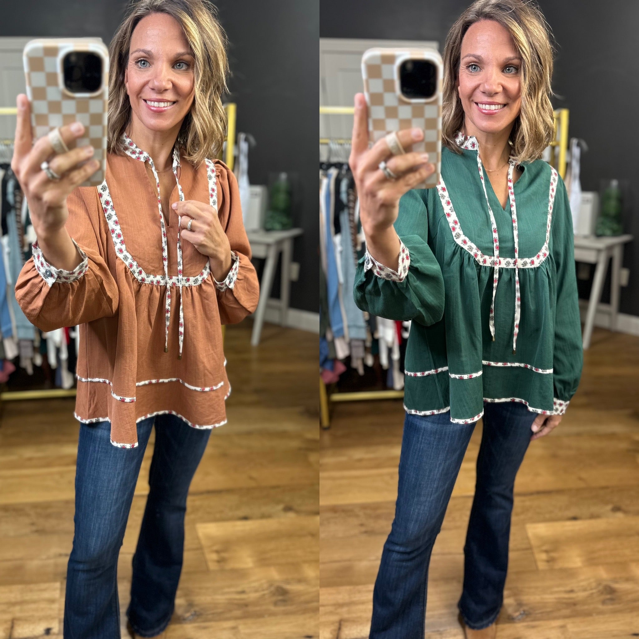 Grace Long sleeve top with floral trim - multiple colors-Entro-Anna Kaytes Boutique, Women's Fashion Boutique in Grinnell, Iowa