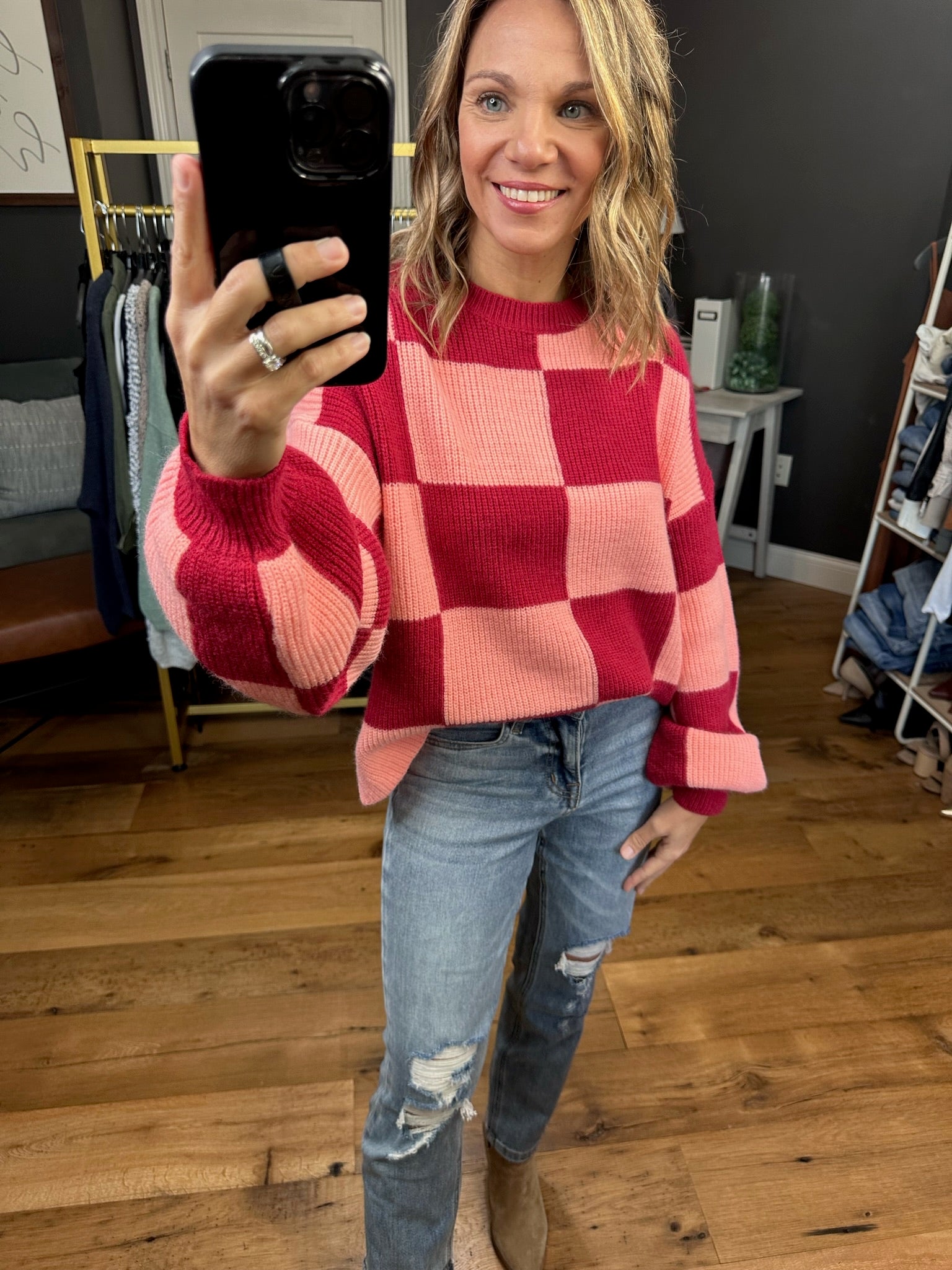Just As You Are Checkered Sweater - Brick/Peach