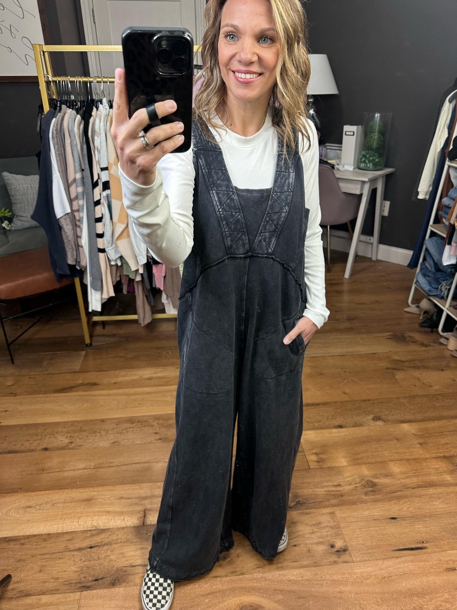 A Long Look Wide-Leg Jumpsuit - Washed Black-Jumpsuits-Easel EB55689-Anna Kaytes Boutique, Women's Fashion Boutique in Grinnell, Iowa