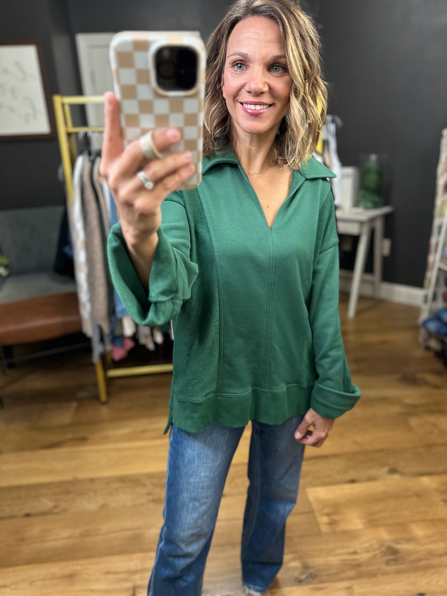 Going For It V-Neck Collared Pullover - Hunter Green-Entro-Anna Kaytes Boutique, Women's Fashion Boutique in Grinnell, Iowa