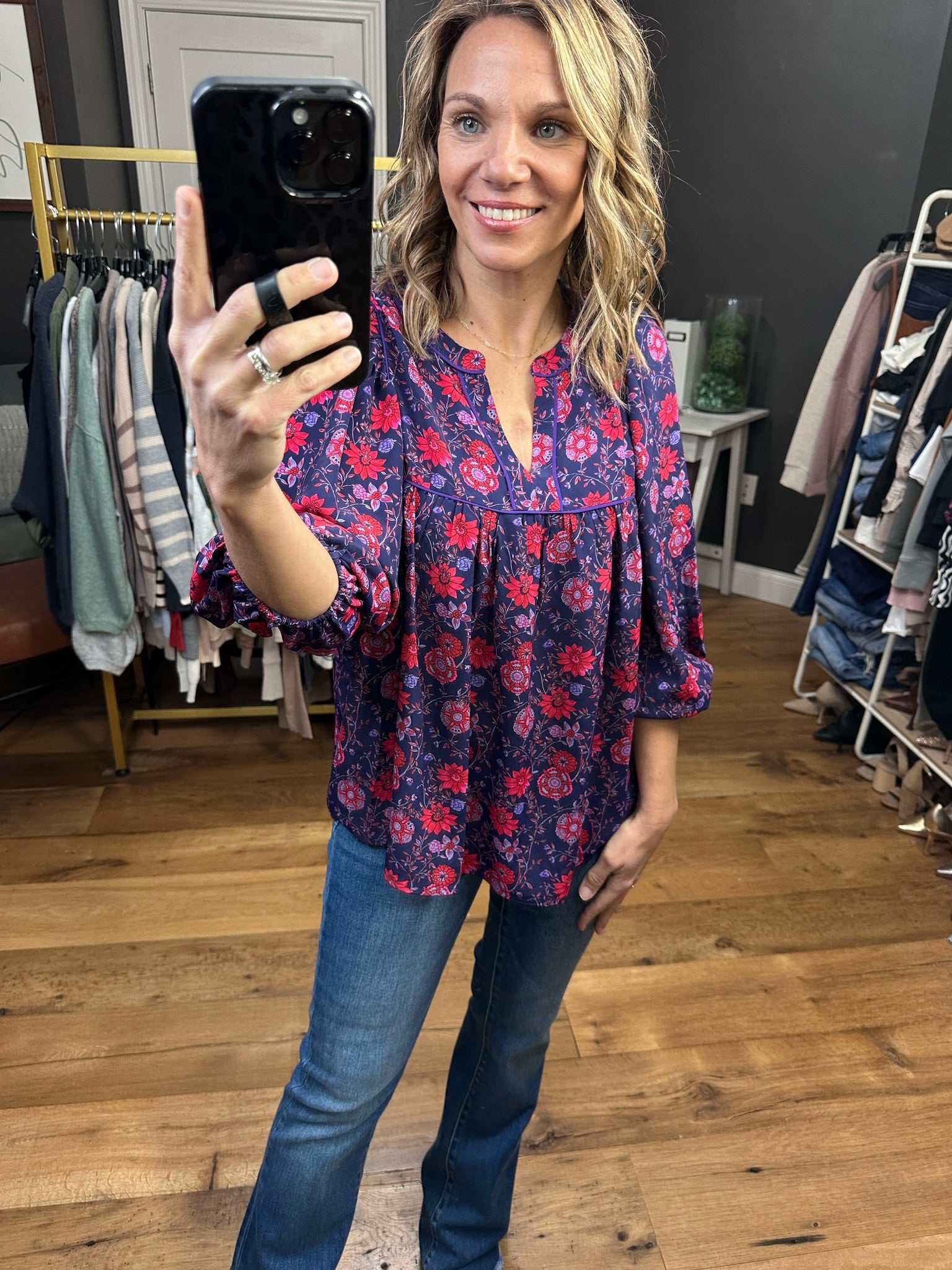 Spring Awaits Flowy Floral Top With Pleat Detail - Grape/Red-Long Sleeves-Skies Are blue 45521-Anna Kaytes Boutique, Women's Fashion Boutique in Grinnell, Iowa