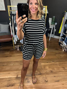 Think More Striped Romper - Black/Ivory-Rompers-Zenana RP-2297ABS-Anna Kaytes Boutique, Women's Fashion Boutique in Grinnell, Iowa