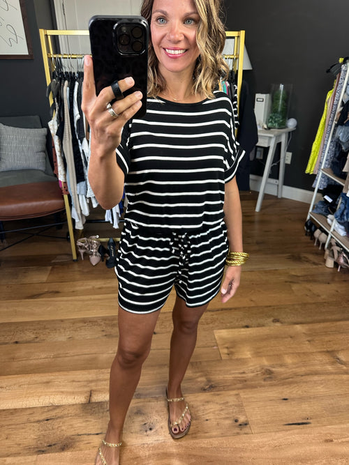 Think More Striped Romper - Black/Ivory-Zenana RP-2297ABS-Anna Kaytes Boutique, Women's Fashion Boutique in Grinnell, Iowa