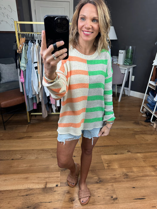 All For Fun Contrasting Striped Sweater - Kelly/Sherbert Combo-Wishlist-Anna Kaytes Boutique, Women's Fashion Boutique in Grinnell, Iowa