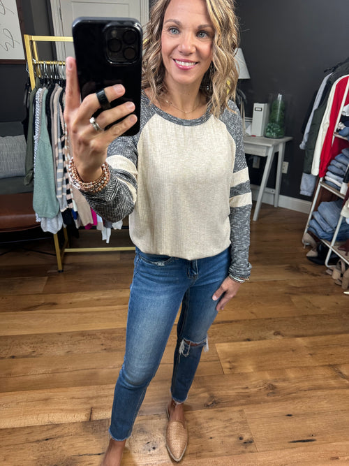 On The Ball Textured Long Sleeve Top - Oatmeal/ Black