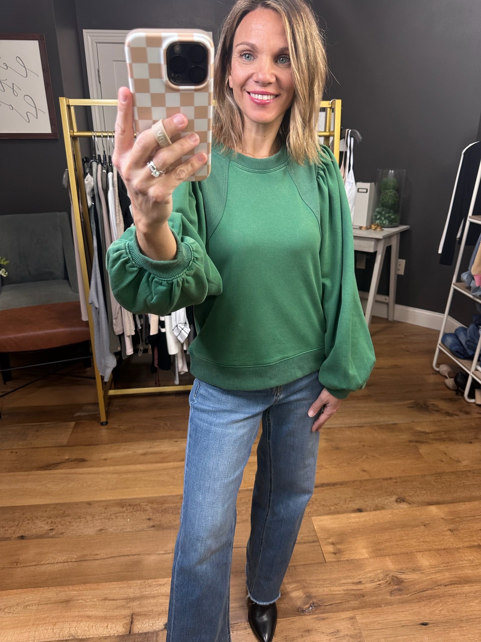 Looking Back Balloon Sleeve Crew Sweatshirt - Hunter Green-Jodifl-Anna Kaytes Boutique, Women's Fashion Boutique in Grinnell, Iowa