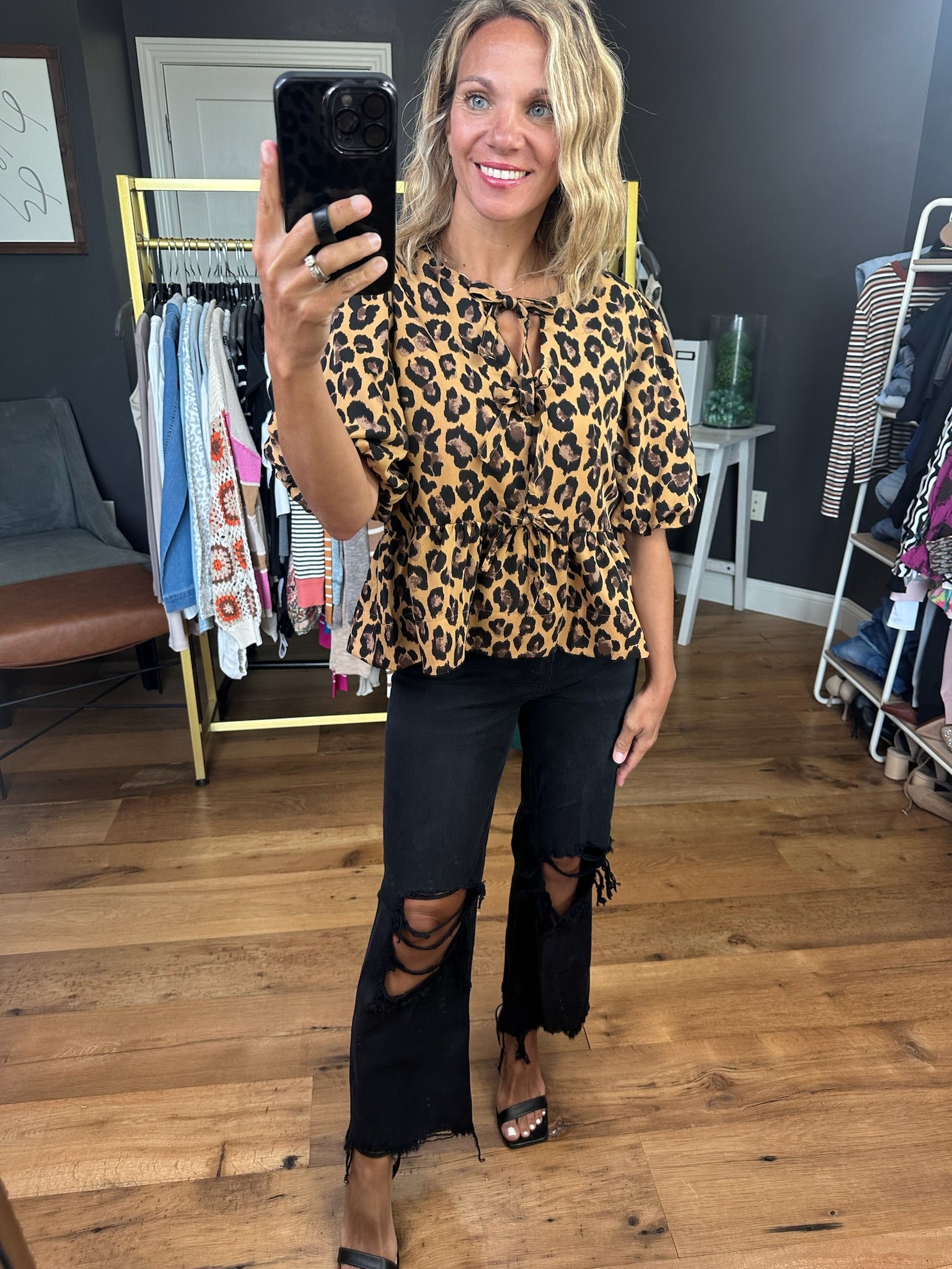 Peekaboo Animal Print Top w/bows - Camel-Entro-Anna Kaytes Boutique, Women's Fashion Boutique in Grinnell, Iowa