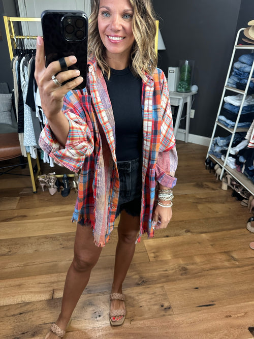 Out Of Nowhere Patchwork Plaid Top With Frayed Hem Detail - Red-Oli & Hali JT0104-Anna Kaytes Boutique, Women's Fashion Boutique in Grinnell, Iowa