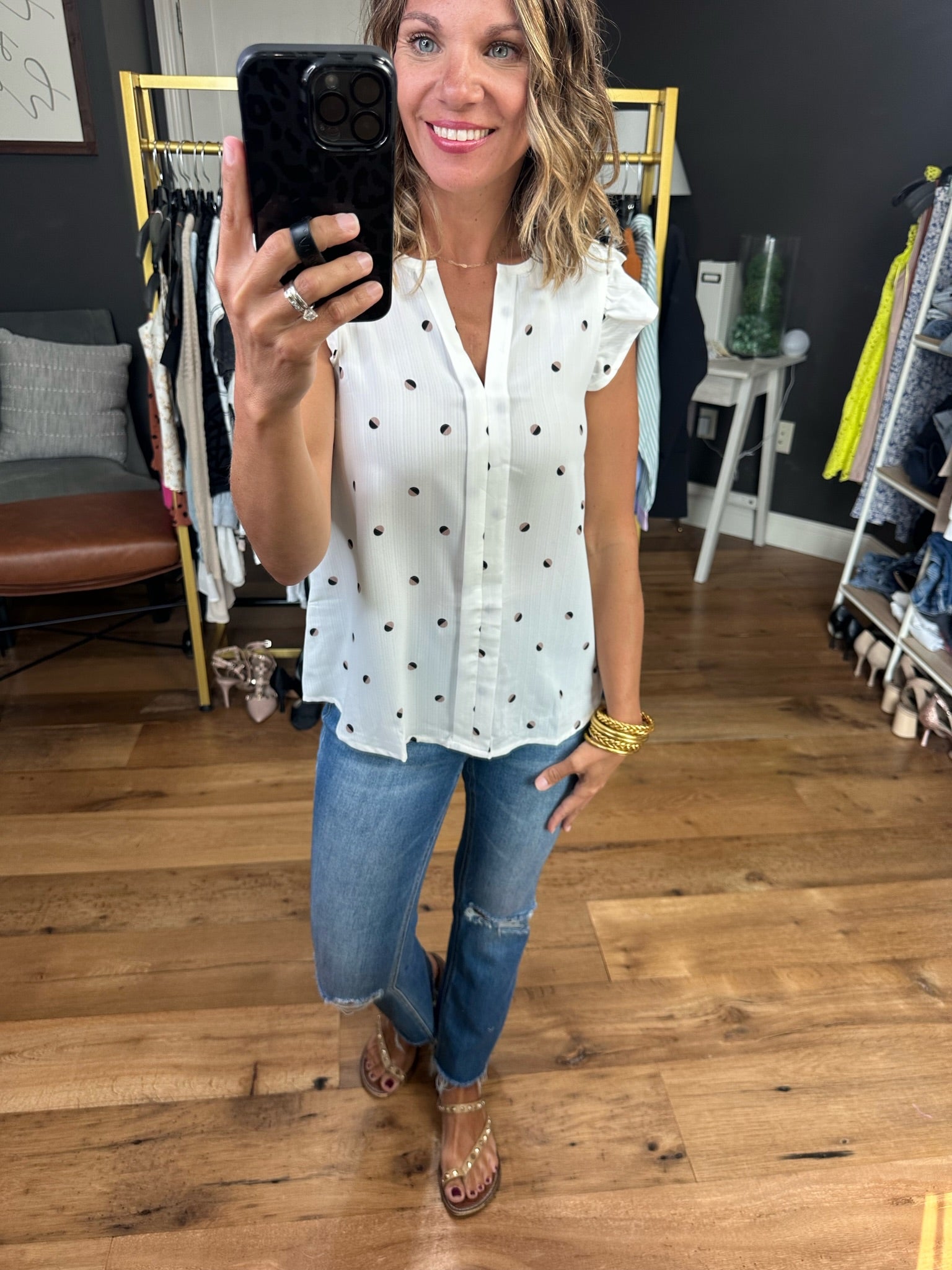 Right Space Dotted Top With Flutter Detail - Multiple Options-Short Sleeves-Blu Pepper TB8189B-Anna Kaytes Boutique, Women's Fashion Boutique in Grinnell, Iowa